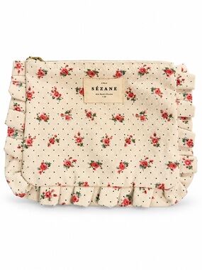 Sézane Cream Floral Ruffle Cosmetic Pouch